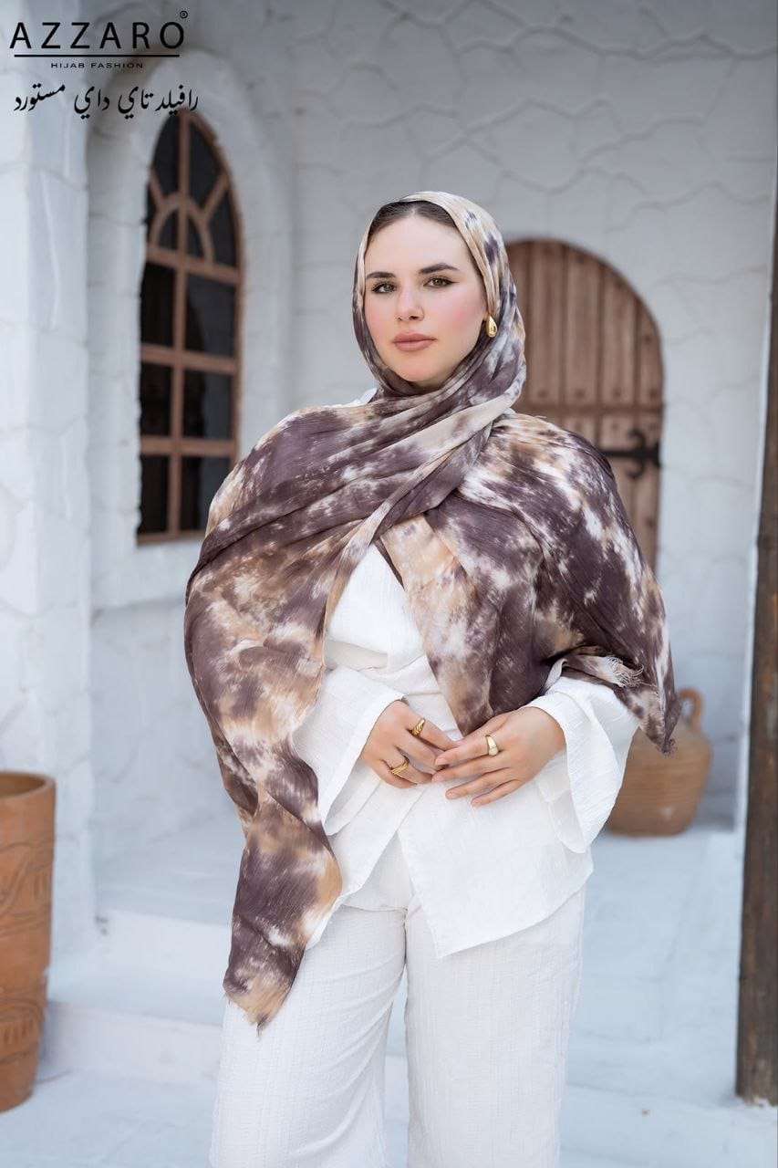 Tie-Dye Ruffled Thai Hijab - Café Crème