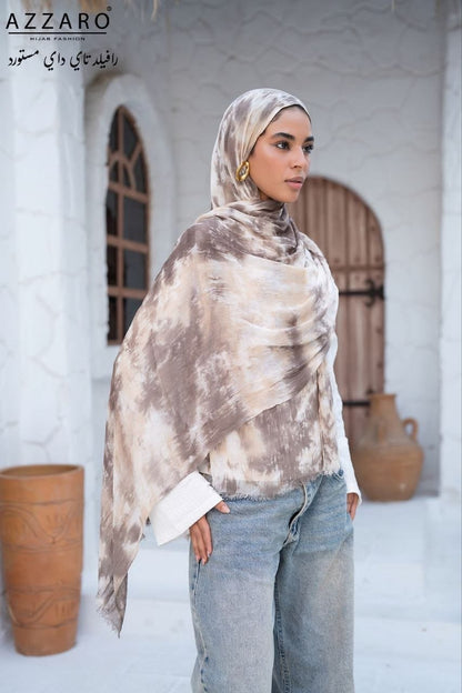 Tie-Dye Ruffled Thai Hijab - Latte Cloud